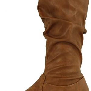 MID CALF HIGH BOOTS - COGNAC - TAN LEATHERETTE Slouch Zipper Round Toe Suede Boots SIZE: 10