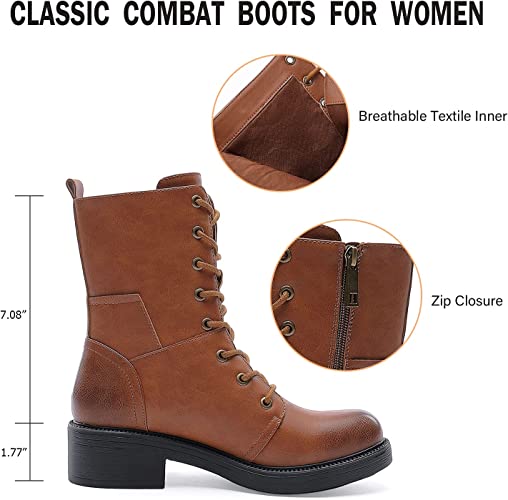 COMBAT BOOTS - TAN - Mid Calf Lace up Round Toe Military Combat Boots SIZE: 9 - Image 2