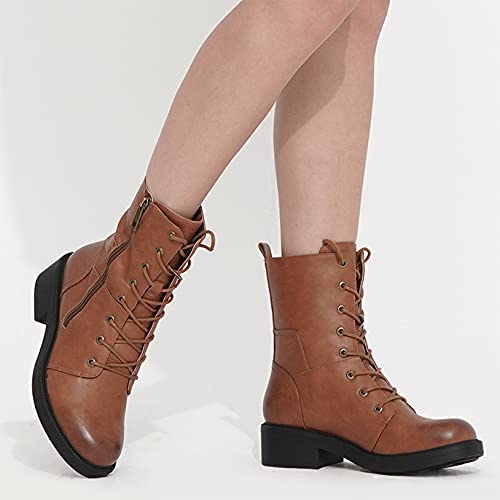 COMBAT BOOTS - TAN - Mid Calf Lace up Round Toe Military Combat Boots SIZE: 9 - Image 6