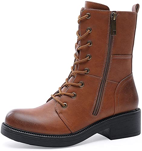 COMBAT BOOTS - TAN - Mid Calf Lace up Round Toe Military Combat Boots SIZE: 9