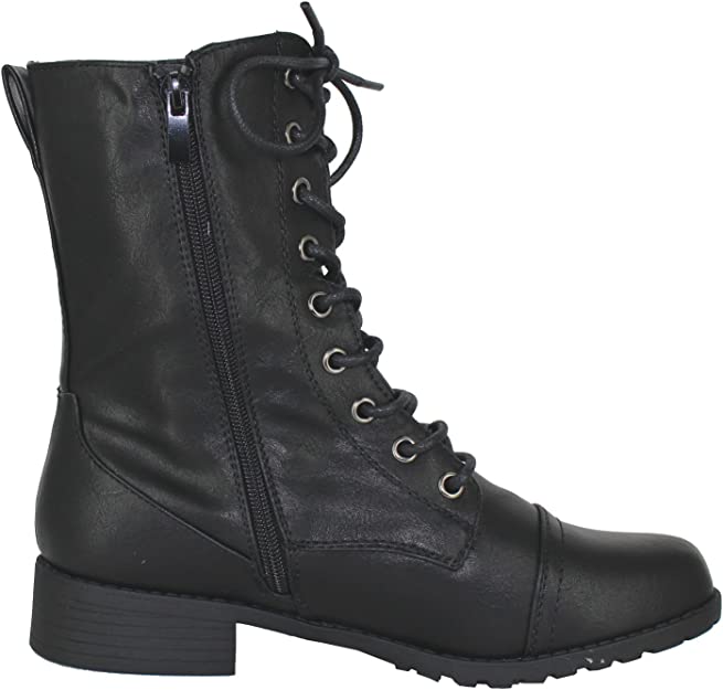 COMBAT BOOTS - BLACK - Round Toe Military Lace up Knit Ankle Cuff Low Heel Combat Boots SIZE: 8 - Image 2