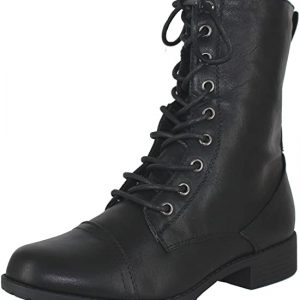 COMBAT BOOTS - BLACK - Round Toe Military Lace up Knit Ankle Cuff Low Heel Combat Boots SIZE: 7