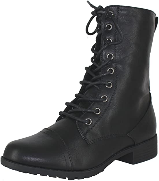 COMBAT BOOTS - BLACK - Round Toe Military Lace up Knit Ankle Cuff Low Heel Combat Boots SIZE: 8