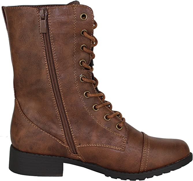 COMBAT BOOTS - BROWN - Round Toe Military Lace up Knit Ankle Cuff Low Heel Combat Boots SIZE: 8 - Image 2