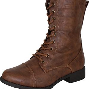 COMBAT BOOTS - BROWN - Round Toe Military Lace up Knit Ankle Cuff Low Heel Combat Boots SIZE: 7