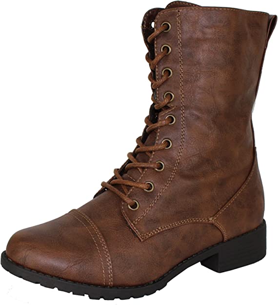 COMBAT BOOTS - BROWN - Round Toe Military Lace up Knit Ankle Cuff Low Heel Combat Boots SIZE: 8