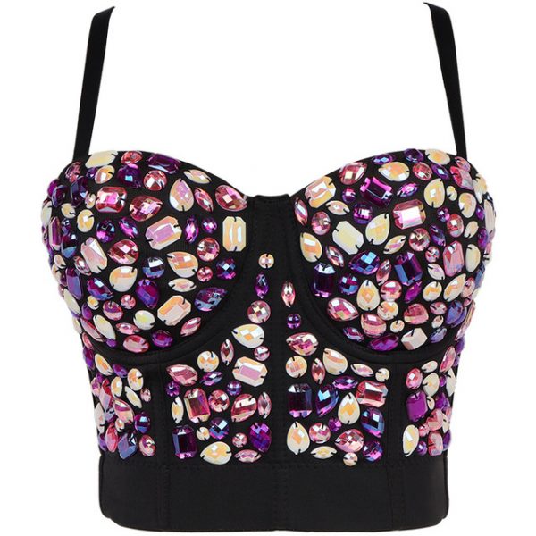 CORSET BUSTIER CROP TOP - HAND SEWN COLORFUL BLACK Acrylic Rhinestone Bustier Crop Top