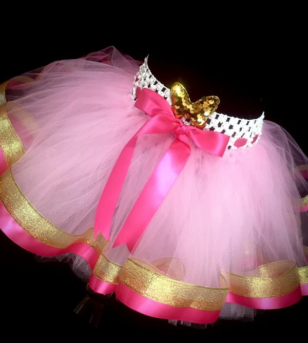 CUSTOM MADE Child tutu – TODDLER FUCHSIA PINK/GOLD Ribbon Trim Tutu Fits Up to 2yrs - Image 2