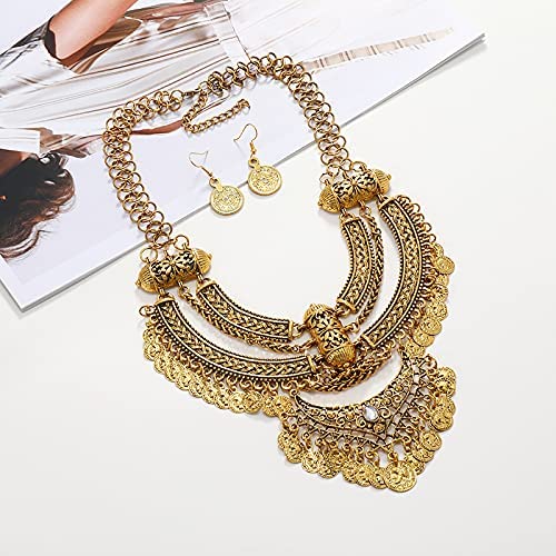 Necklace Set - Bohemian Vintage Chunky Tassel Coin Bib Statement Necklace + Earring Set - Image 2