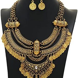 Necklace Set - Bohemian Vintage Chunky Tassel Coin Bib Statement Necklace + Earring Set