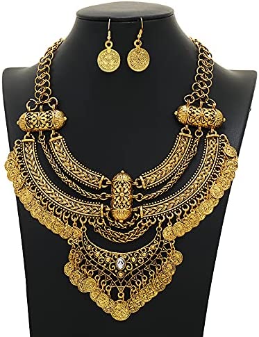 Necklace Set - Bohemian Vintage Chunky Tassel Coin Bib Statement Necklace + Earring Set