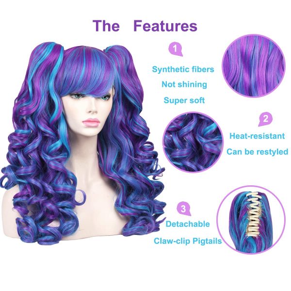 Long Curly Cosplay Wig with 2 Ponytails(Blue/Purple) - Image 2