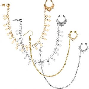 Nose Rings Hoop Chain Fake Septum Ring Non Piercing Nose Rings with Chain Nose to Ear