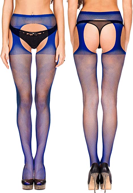 Fishnet Suspender Garter Stockings - ROYAL BLUE L/XL