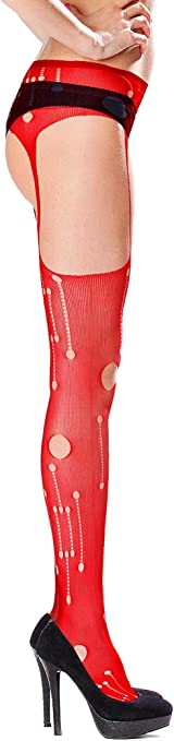 Fishnet Suspender Garter Stockings - RED L/XL