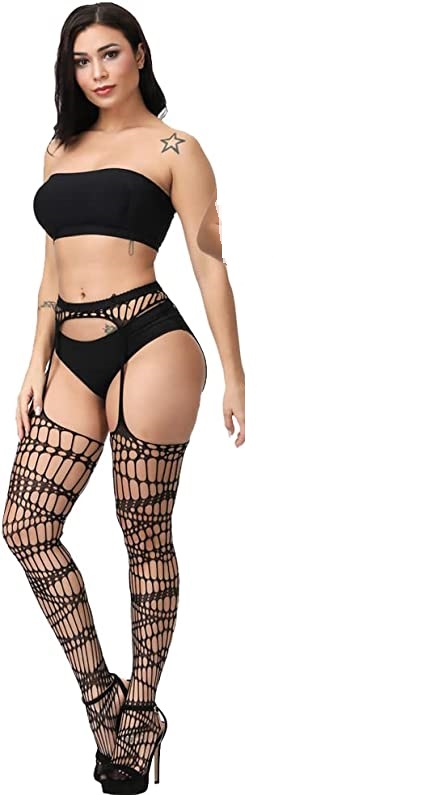 Fishnet Suspender Garter Stockings - BLACK L/XL