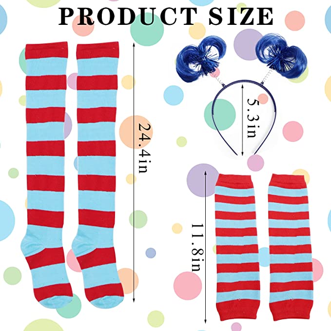 SOCKS - Kids Striped RED/BLUE Knee Highs Socks, Arm Warmer Gloves Ponytails Headband Set - Image 2