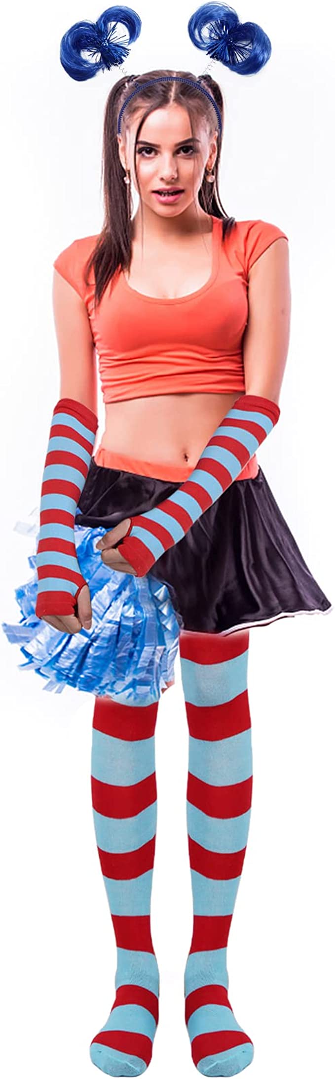 SOCKS - Kids Striped RED/BLUE Knee Highs Socks, Arm Warmer Gloves Ponytails Headband Set - Image 3