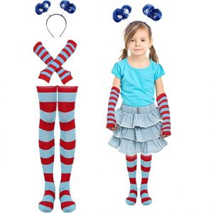 SOCKS - Kids Striped RED/BLUE Knee Highs Socks, Arm Warmer Gloves Ponytails Headband Set