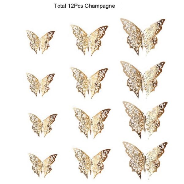 Butterfly Wall Sticker Decoration 3D (Single Layer) – 12Pcs 3D Metallic Paper Champagne Gold Hollow ROSE Butterfly Decor