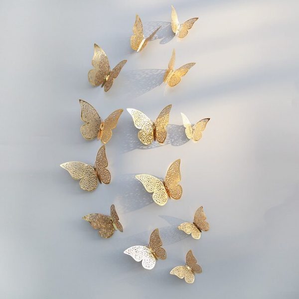 Butterfly Wall Sticker Decoration 3D (Single Layer) – 12Pcs GOLD Hollow 3D Butterfly Wall Sticker