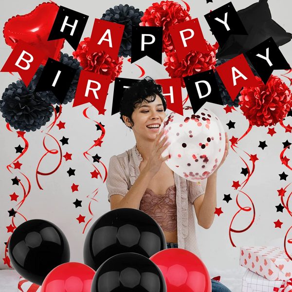PARTY DECORATIONS - Happy Birthday Party Decorations - Black and Red Set - Image 6