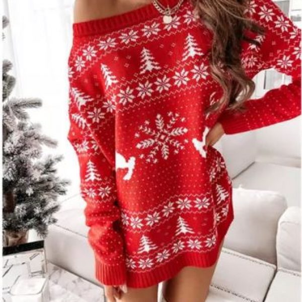 Christmas Holiday Ugly Sweatshirt – Christmas Print Long Sleeve Round Neck Mini Knit Casual Sweater