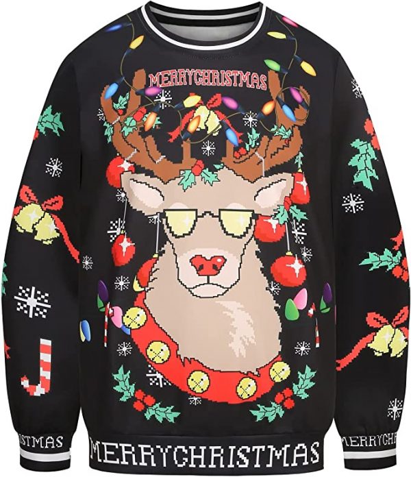Christmas Holiday Ugly Sweatshirt - Unisex's 3D Digital Print Pullover Sweatshirt - BLACK REINDEER