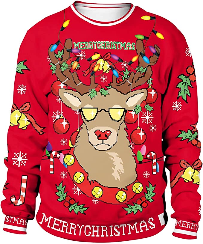 Christmas Holiday Ugly Sweatshirt - Unisex's 3D Digital Print Pullover Sweatshirt - RED REINDEER