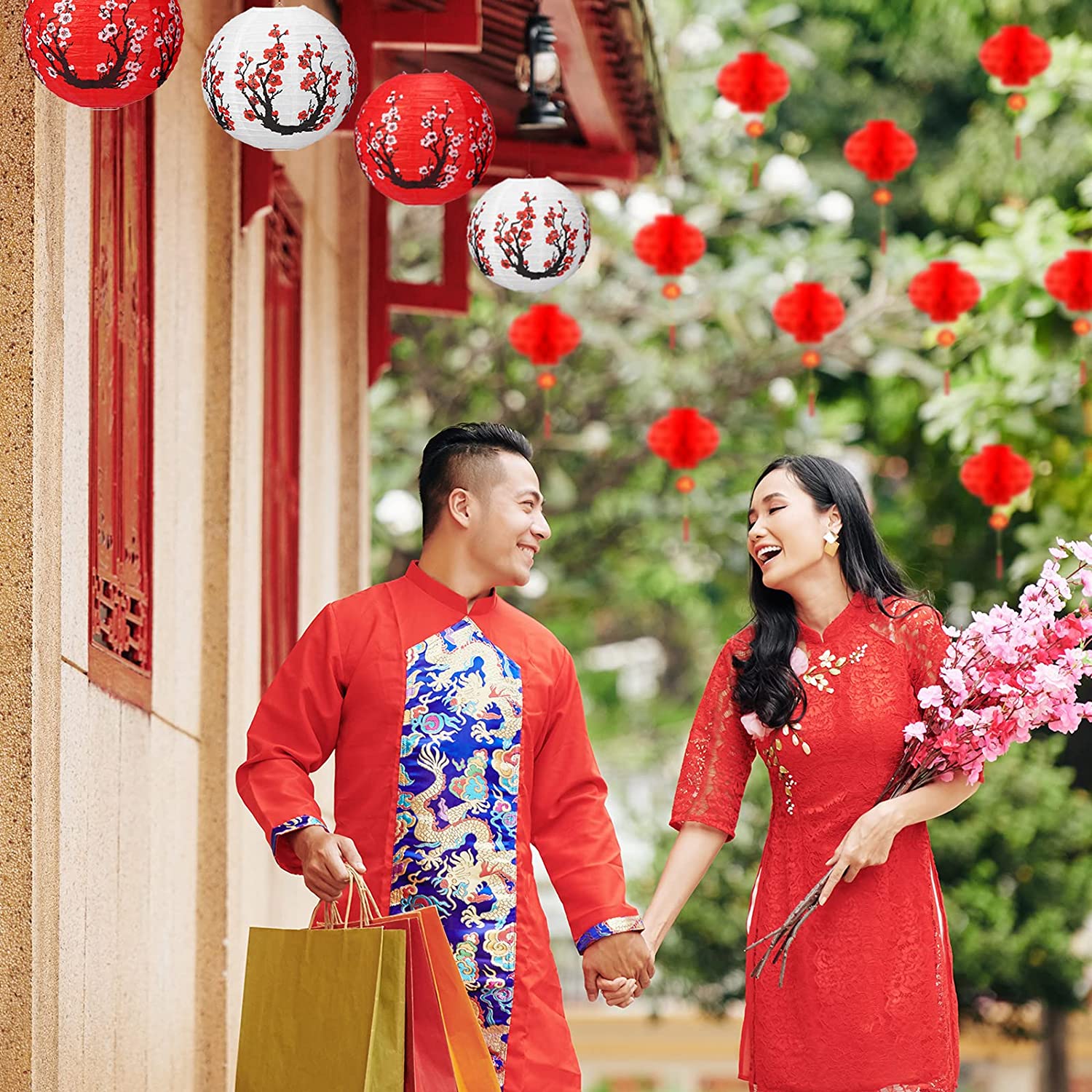 PARTY DECORATIONS - Happy New Year's - Chinese New Year Decorations - 12in + 8in Chinese Japanese Cherry Blossom Paper Lantern Decoration Kit - Image 3