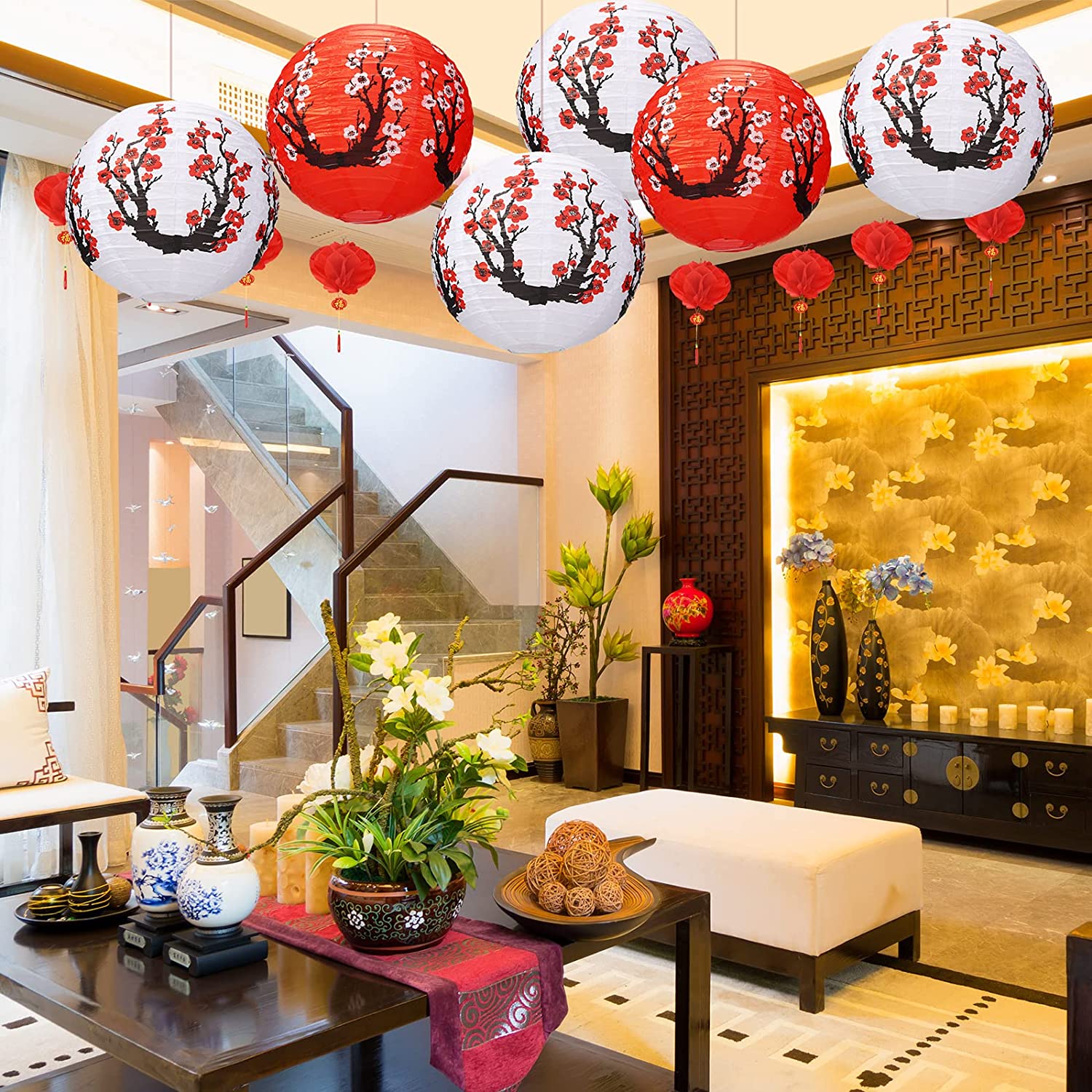 PARTY DECORATIONS - Happy New Year's - Chinese New Year Decorations - 12in + 8in Chinese Japanese Cherry Blossom Paper Lantern Decoration Kit - Image 4