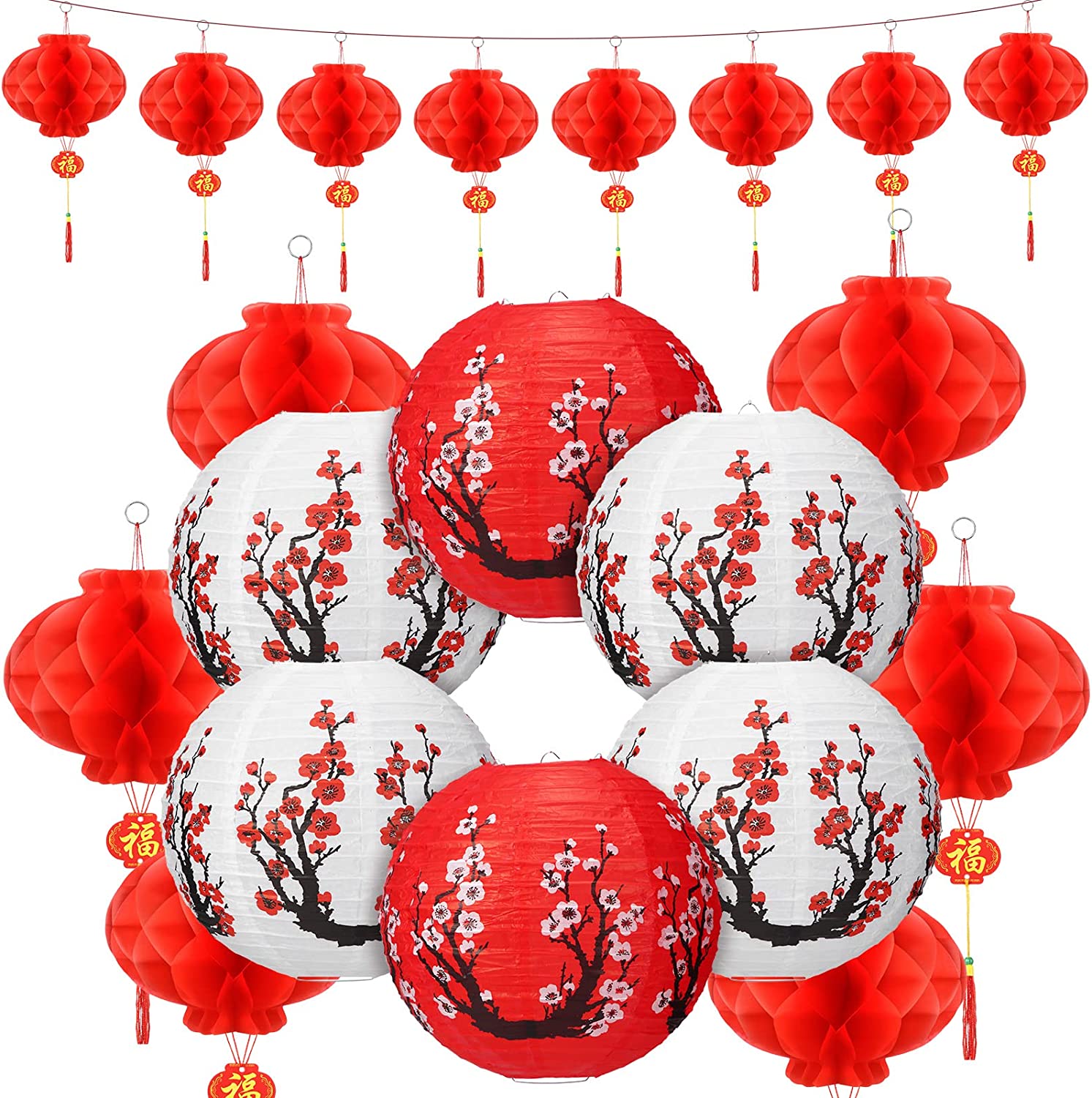 PARTY DECORATIONS - Happy New Year's - Chinese New Year Decorations - 12in + 8in Chinese Japanese Cherry Blossom Paper Lantern Decoration Kit