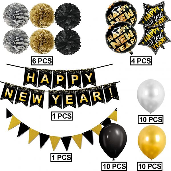 PARTY DECORATIONS – Happy New Year’s Eve Party BLACK/GOLD w/Pompoms + Streamers Decorations Kit