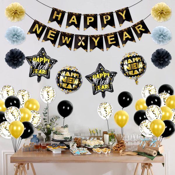 PARTY DECORATIONS – Happy New Year’s Eve Party BLACK/GOLD Decorations Kit 43PC