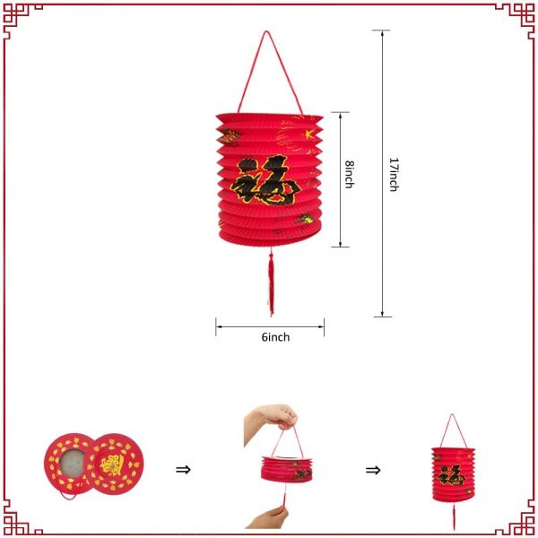 PARTY DECORATIONS – Happy New Year’s – Chinese New Year Decorations – 6 Inch 5pc Red Chinese Japanese Good Fortune Lucky Fu Hanging Paper Lanterns