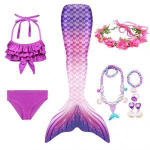 Mermaid Costume Bathing suit for Girls - 9 Pcs Girls Swimsuit Mermaid Tails Princess Bikini Bathing Suit Set - PURPLE-WHITE SIZE: 5-6