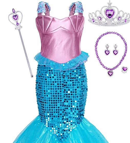 Mermaid Girls - 6pc Little Girls Mermaid Costume Princess Dress 3T-4T
