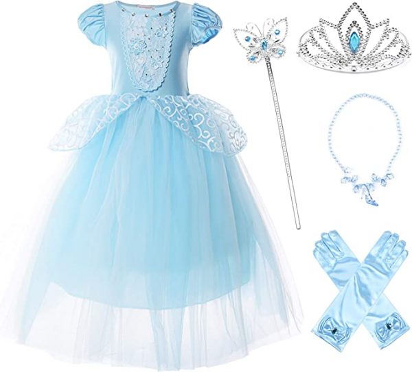 Girls Princess Puff Sleeve Cinderella Costume Dress with accessories