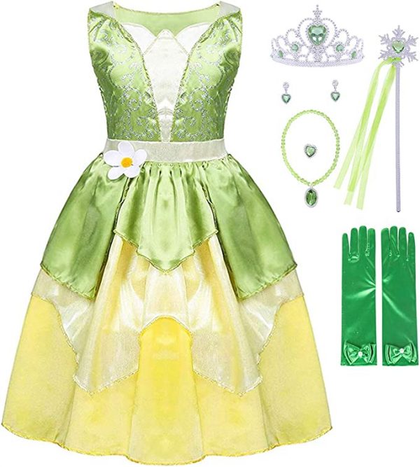 Princess Tiana Green Fairy Frog Princess Dress + Accessory Set