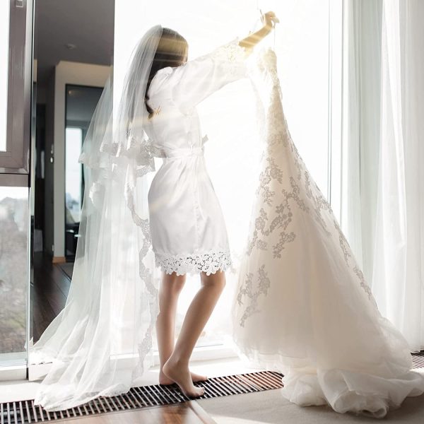 Women's Satin Bridal Robe with Lace Trim Embroidery Silky Satin White Robe - Image 3