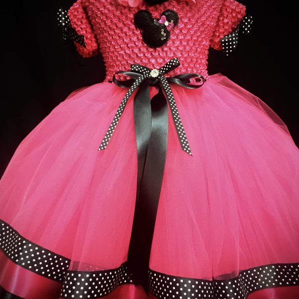 CUSTOM MADE Child tutu dress – PINK/BLACK Minnie Mouse flower tutu ribbon dress SIZE: Fits 3-4yrs