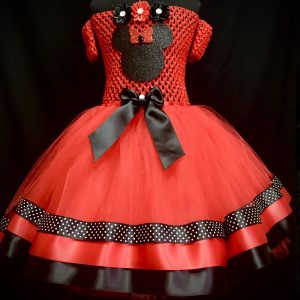 CUSTOM MADE Child tutu dress - RED/BLACK Minnie Mouse FLOWER tutu ribbon dress SIZE: Fits 4-6yrs