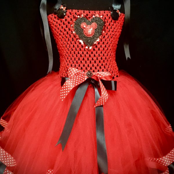 CUSTOM MADE Child tutu dress – RED/BLACK Minnie Mouse HEART tutu ribbon dress SIZE: Fits 4-6yrs