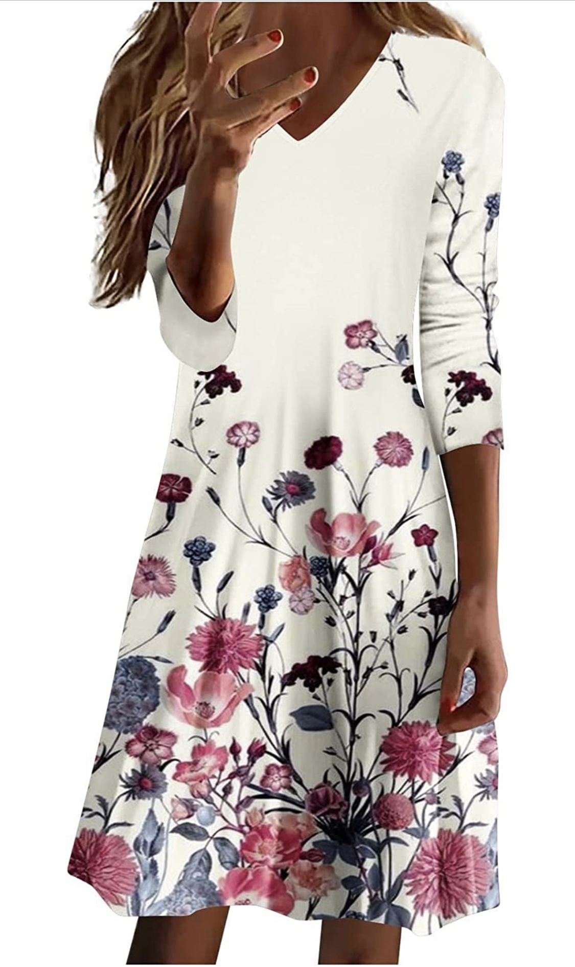 Pattern Long-Sleeved V-Neck T-Shirt A-Line Dress - SIZE SMALL