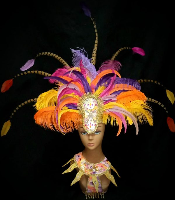 Caribbean Sunset Feather Rhinestone Headpiece with Collar Piece