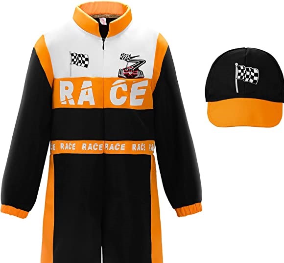 Career Day RACE CAR DRIVER – Boys Orange/Black Race Car Driver Jumpsuit with Peaked Cap