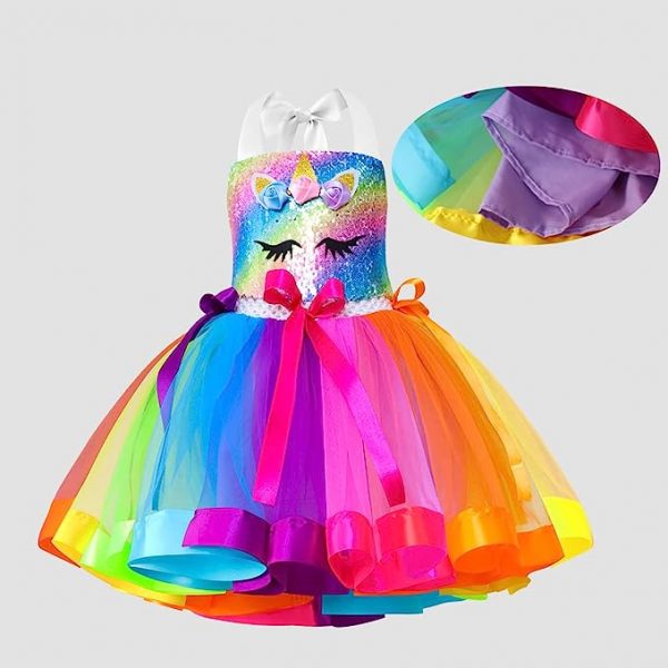Unicorn Dress Rainbow Sequin  – RIBBON TUTU DRESS WITH HAIR BOW