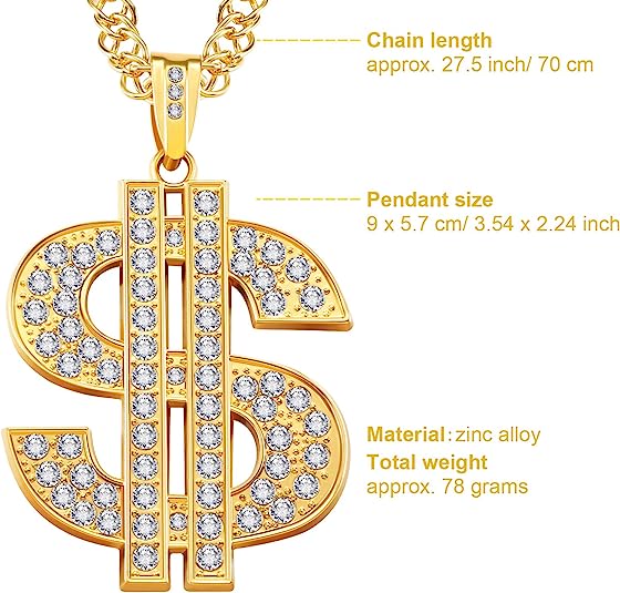 Necklace - Pimp Hip Hop Gold-Silver Plated Chain with Dollar Sign Pendant Necklace - Image 3