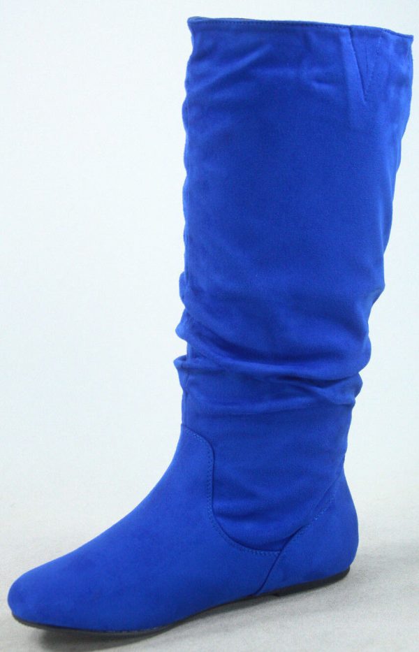 MID CALF HIGH BOOTS -BLUE - ROYAL BLUE Suede Women's Casual Comfort Mid Calf Round Toe Slouch Flat Heel Boot SIZE: 8.5 - Image 2
