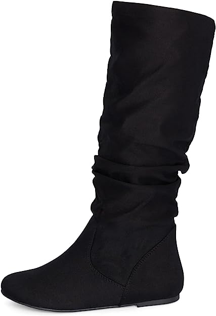 KNEE HIGH BOOTS - BLACK - Women's Slouchy Faux Leather Knee High Flats Boots SIZE: 12 - Image 3
